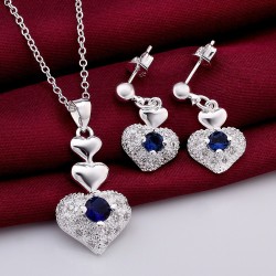Sterling silver blue crystal cz zircon love heart shaped Jewellera set